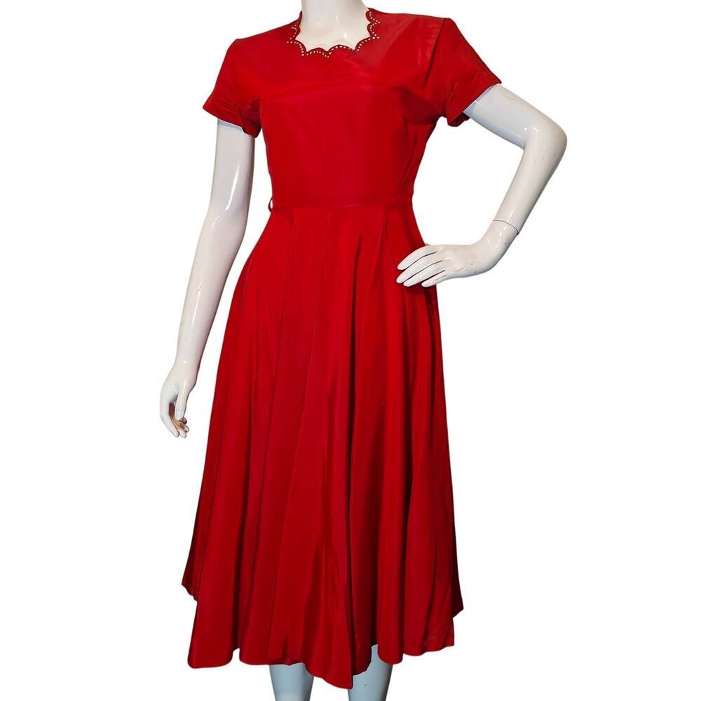 Vintage Red Fit Flare Dress Rhinestone Trim Pleated Midi Handmade Look